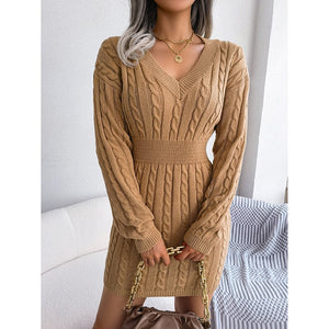 Women's 2025 Fall Winter V-Neck Bodycon Mini Sweater Dress Long Sleeve Pullover Knit Dress Casual & Sexy Tight Fit