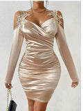 Spring And Autumn New Satin Elegant Lace Bodycon Dress With Pleated Skirt