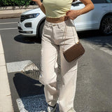 Women's Solid Color Wide Leg Pants With 4 Pockets - Button & Zip Front Casual Trousers For Spring&Fall