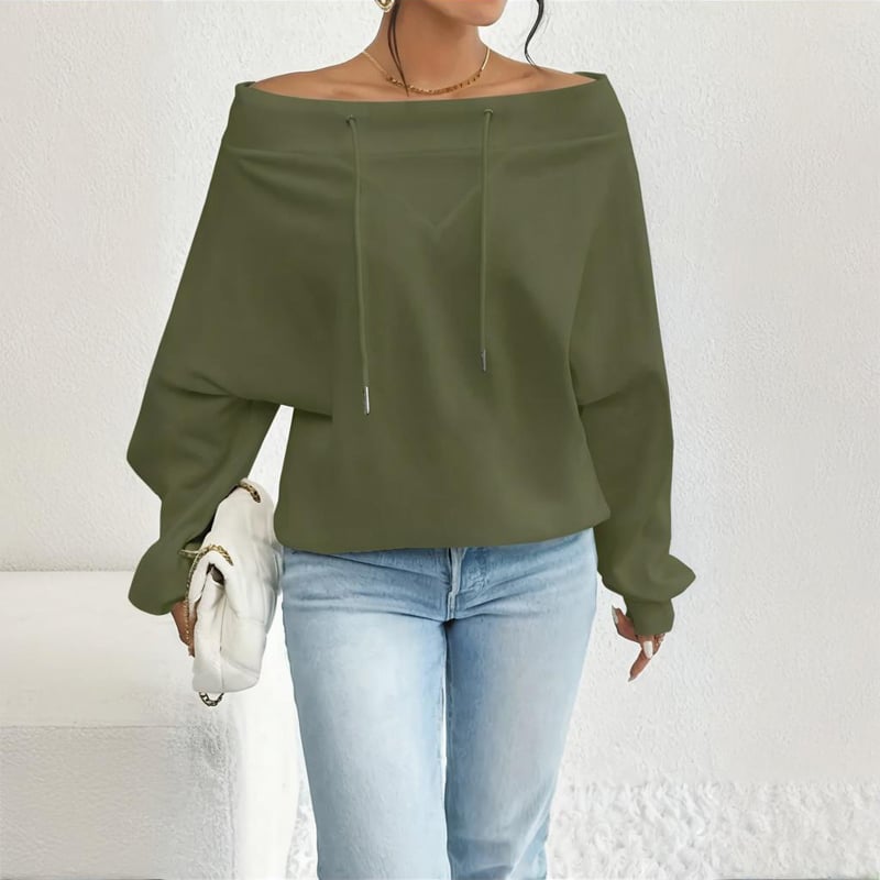 Plus Size Women's Solid Color Off-Shoulder Long Sleeve Pullover With Drawstring - Casual Ribbed Detail Top For Spring&Fall