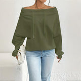 Plus Size Women's Solid Color Off-Shoulder Long Sleeve Pullover With Drawstring - Casual Ribbed Detail Top For Spring&Fall