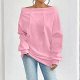 Plus Size Women's Solid Color Off-Shoulder Long Sleeve Pullover With Drawstring - Casual Ribbed Detail Top For Spring&Fall