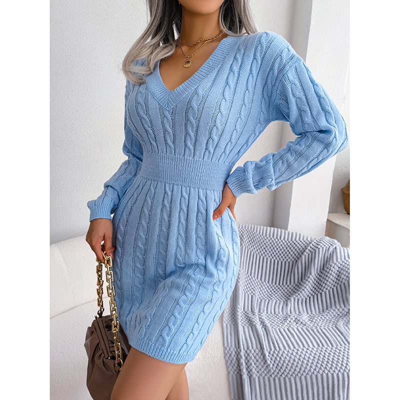 Women's 2025 Fall Winter V-Neck Bodycon Mini Sweater Dress Long Sleeve Pullover Knit Dress Casual & Sexy Tight Fit
