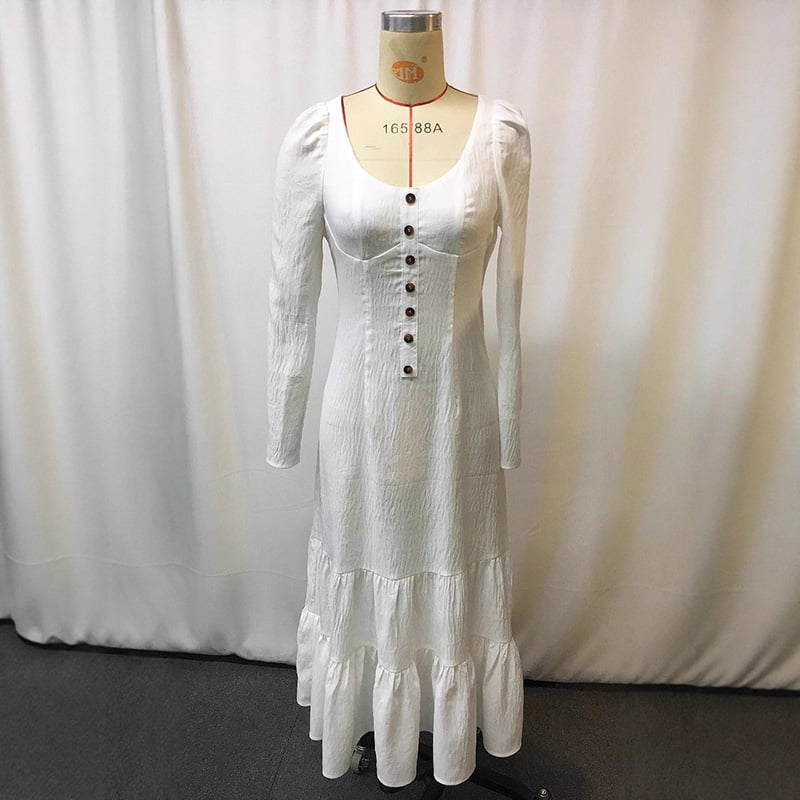 Women's Solid Color Vintage Western Long Sleeve Ruffle Lace Trim Sexy Maxi Dress With Center Slit Spring Fall Cowgirl Style Dress