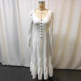 Women's Solid Color Vintage Western Long Sleeve Ruffle Lace Trim Sexy Maxi Dress With Center Slit Spring Fall Cowgirl Style Dress