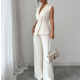 Solid Color Vest Straight-leg Trousers Suit For Women