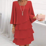 Women's Long Sleeve Crew Neck Tiered Layered Midi Dress , Asymmetrical Hem A-Line Short Elegant Party Dress