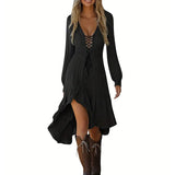 Women's Solid Color Deep V-Neck Irregular Ruffle Hem Sexy Tie-Waist With Cuffed Sleeves Summer Gothic Lace Trim Midi Dress