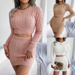 Casual Twisted Knit Crop Sweater And Bodycon Skirt Set