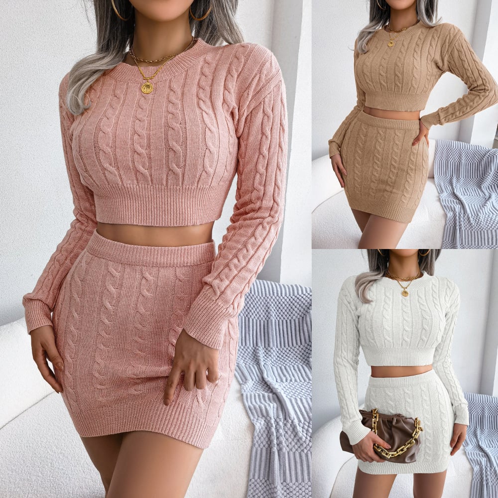 Casual Twisted Knit Crop Sweater And Bodycon Skirt Set