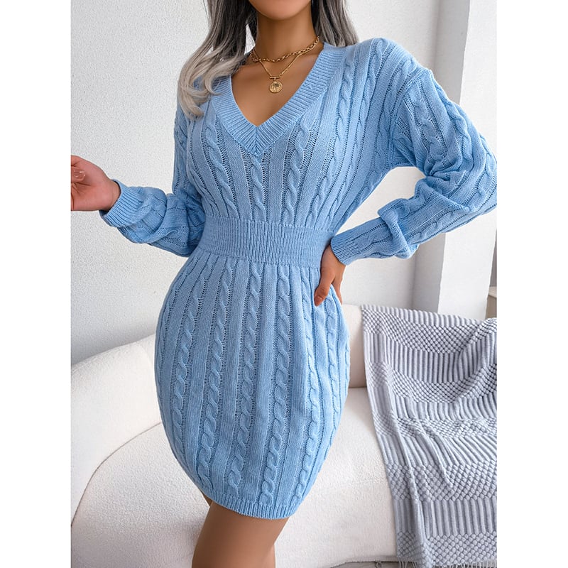 Women's 2025 Fall Winter V-Neck Bodycon Mini Sweater Dress Long Sleeve Pullover Knit Dress Casual & Sexy Tight Fit