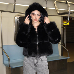 Black Faux Fur Short Hood Jacket