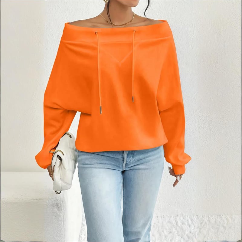 Plus Size Women's Solid Color Off-Shoulder Long Sleeve Pullover With Drawstring - Casual Ribbed Detail Top For Spring&Fall