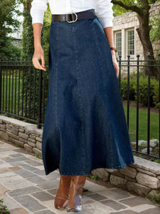 2025 Spring New Women's High Waist Loose A-line Cowboy Skirt, Medium Length Elastic Casual Solid Color Skirt, Elegant For Office And Daily Wear, Fashionable Style Smooth, Cowboy Fabric Washable