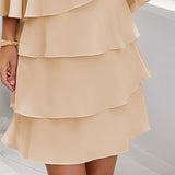 Women's Long Sleeve Crew Neck Tiered Layered Midi Dress , Asymmetrical Hem A-Line Short Elegant Party Dress