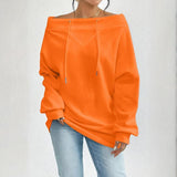 Plus Size Women's Solid Color Off-Shoulder Long Sleeve Pullover With Drawstring - Casual Ribbed Detail Top For Spring&Fall