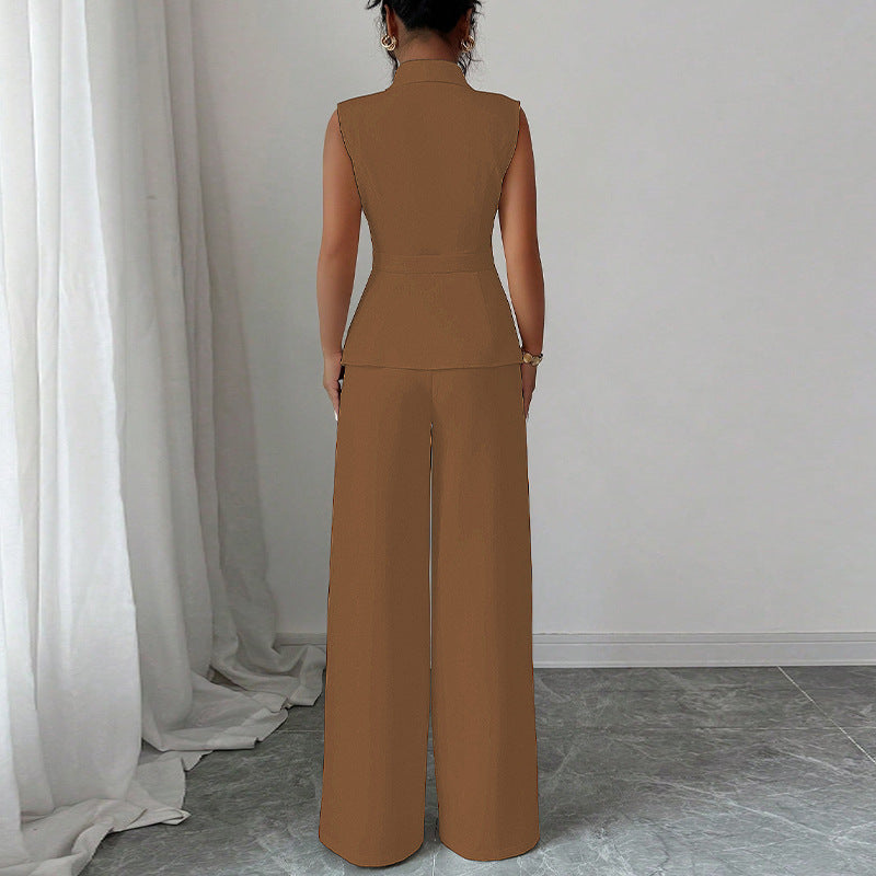Solid Color Vest Straight-leg Trousers Suit For Women