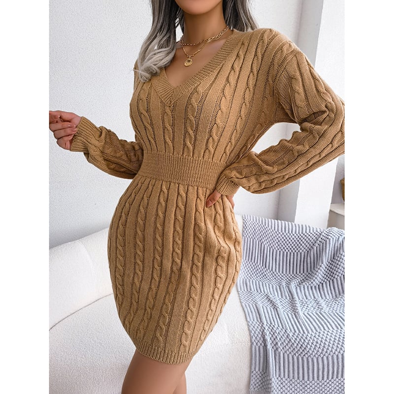 Women's 2025 Fall Winter V-Neck Bodycon Mini Sweater Dress Long Sleeve Pullover Knit Dress Casual & Sexy Tight Fit