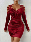 Spring And Autumn New Satin Elegant Lace Bodycon Dress With Pleated Skirt