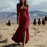 Women's Solid Color Vintage Western Long Sleeve Ruffle Lace Trim Sexy Maxi Dress With Center Slit Spring Fall Cowgirl Style Dress