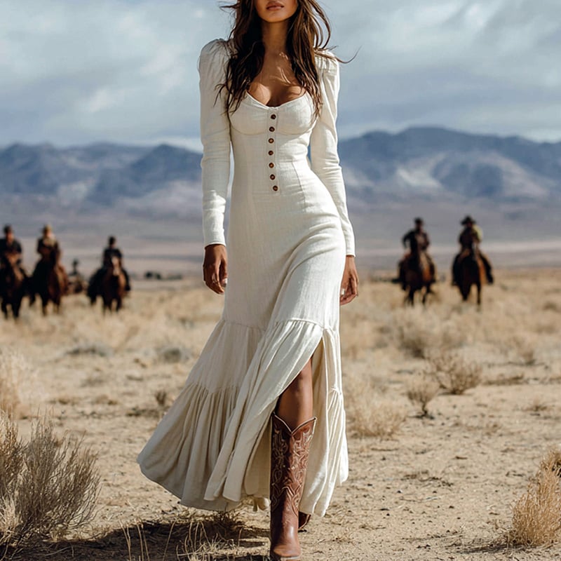 Women's Solid Color Vintage Western Long Sleeve Ruffle Lace Trim Sexy Maxi Dress With Center Slit Spring Fall Cowgirl Style Dress