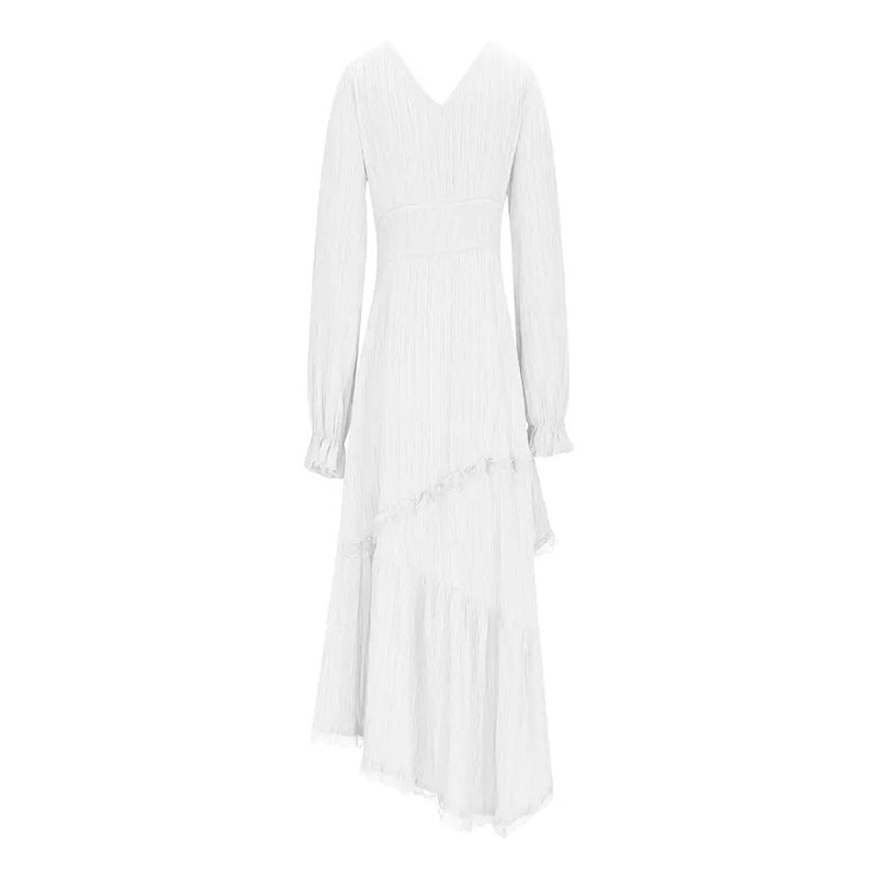 Women's Solid Color Deep V-Neck Irregular Ruffle Hem Sexy Tie-Waist With Cuffed Sleeves Summer Gothic Lace Trim Midi Dress
