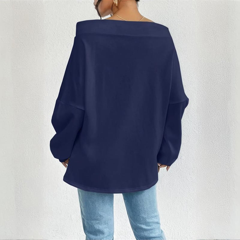 Plus Size Women's Solid Color Off-Shoulder Long Sleeve Pullover With Drawstring - Casual Ribbed Detail Top For Spring&Fall