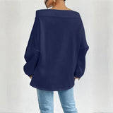 Plus Size Women's Solid Color Off-Shoulder Long Sleeve Pullover With Drawstring - Casual Ribbed Detail Top For Spring&Fall