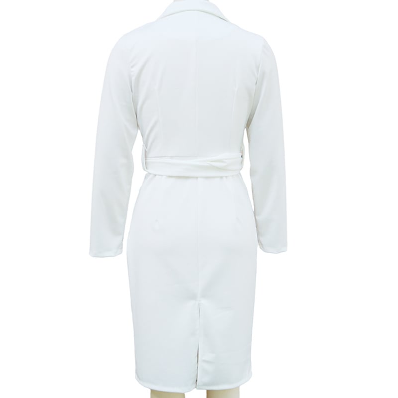 Women's Solid Color Blazer V-Neck Dress With Belt & Hem Slit - Slim Fit Formal Midi Dress For Spring&Fall