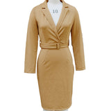 Women's Solid Color Blazer V-Neck Dress With Belt & Hem Slit - Slim Fit Formal Midi Dress For Spring&Fall