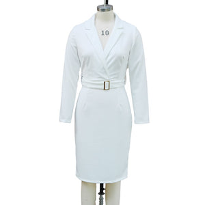 Women's Solid Color Blazer V-Neck Dress With Belt & Hem Slit - Slim Fit Formal Midi Dress For Spring&Fall