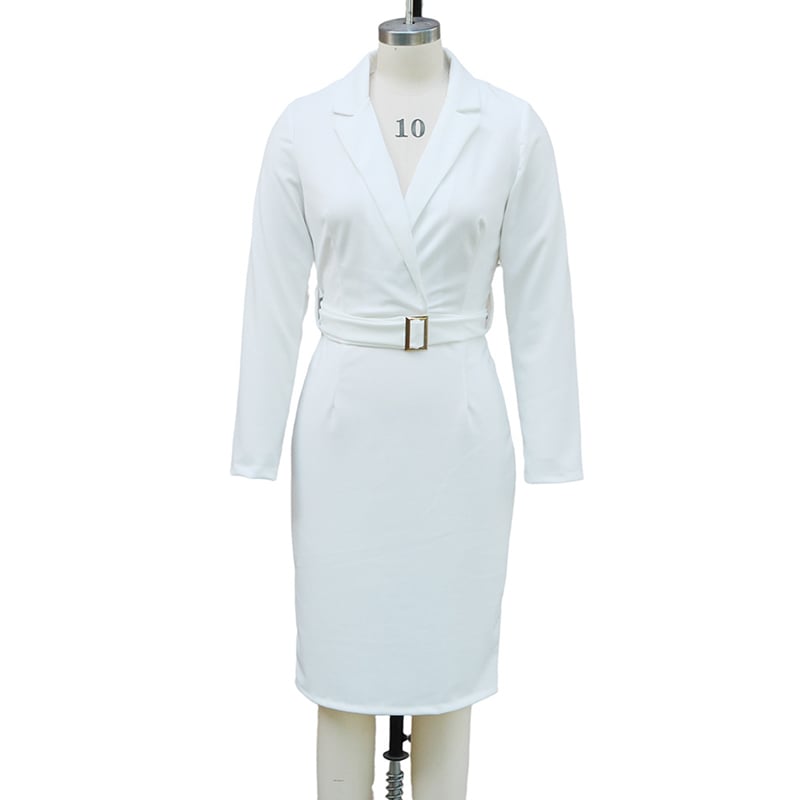 Women's Solid Color Blazer V-Neck Dress With Belt & Hem Slit - Slim Fit Formal Midi Dress For Spring&Fall