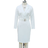Women's Solid Color Blazer V-Neck Dress With Belt & Hem Slit - Slim Fit Formal Midi Dress For Spring&Fall