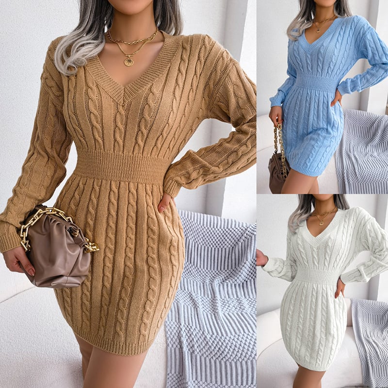 Women's 2025 Fall Winter V-Neck Bodycon Mini Sweater Dress Long Sleeve Pullover Knit Dress Casual & Sexy Tight Fit