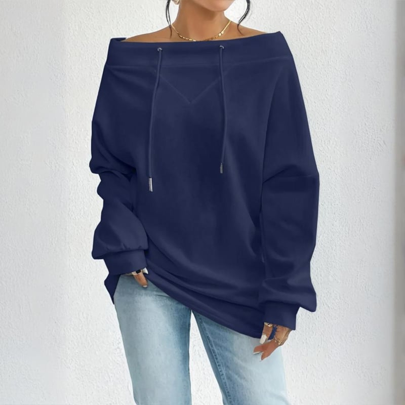 Plus Size Women's Solid Color Off-Shoulder Long Sleeve Pullover With Drawstring - Casual Ribbed Detail Top For Spring&Fall
