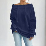 Plus Size Women's Solid Color Off-Shoulder Long Sleeve Pullover With Drawstring - Casual Ribbed Detail Top For Spring&Fall