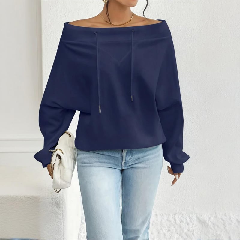 Plus Size Women's Solid Color Off-Shoulder Long Sleeve Pullover With Drawstring - Casual Ribbed Detail Top For Spring&Fall