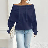 Plus Size Women's Solid Color Off-Shoulder Long Sleeve Pullover With Drawstring - Casual Ribbed Detail Top For Spring&Fall