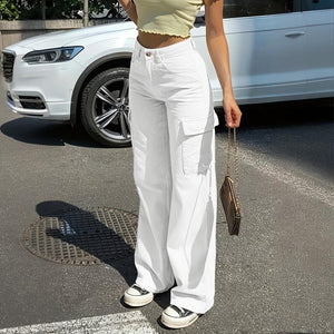 Women's Solid Color Wide Leg Pants With 4 Pockets - Button & Zip Front Casual Trousers For Spring&Fall
