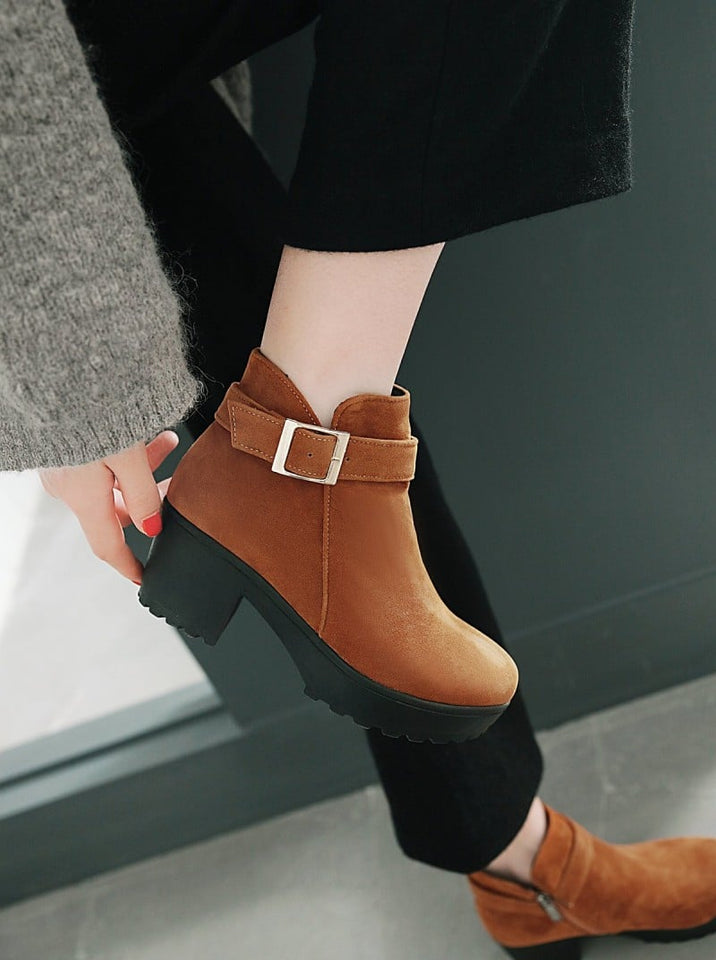 Mid Heel Boots Women's Shoes Belt Buckle Large Size 40-48 Suede Martin Boots