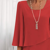 Women's Long Sleeve Crew Neck Tiered Layered Midi Dress , Asymmetrical Hem A-Line Short Elegant Party Dress